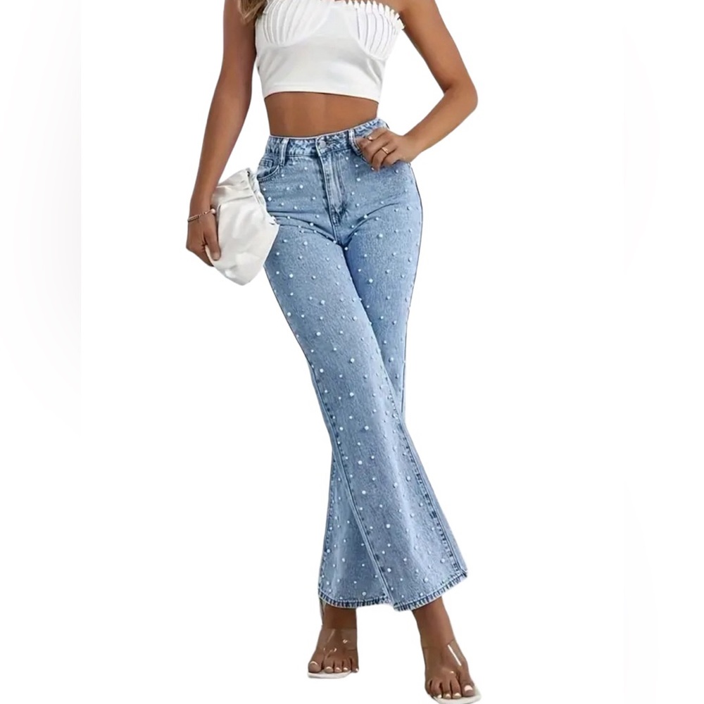 Faux Pearl Studded Straight Jeans
